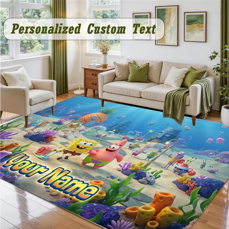 Crystal Velvet Square Rug Custom NameSpongeBob Pattern Non Slip Home Floor Decor Rug