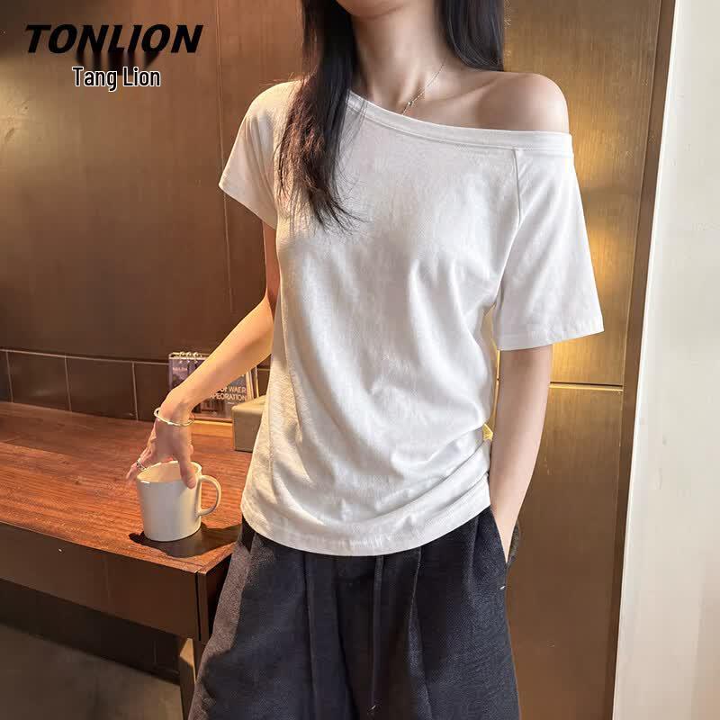 TonLion Women's Asymmetrical Shoulder Short Sleeve Tee