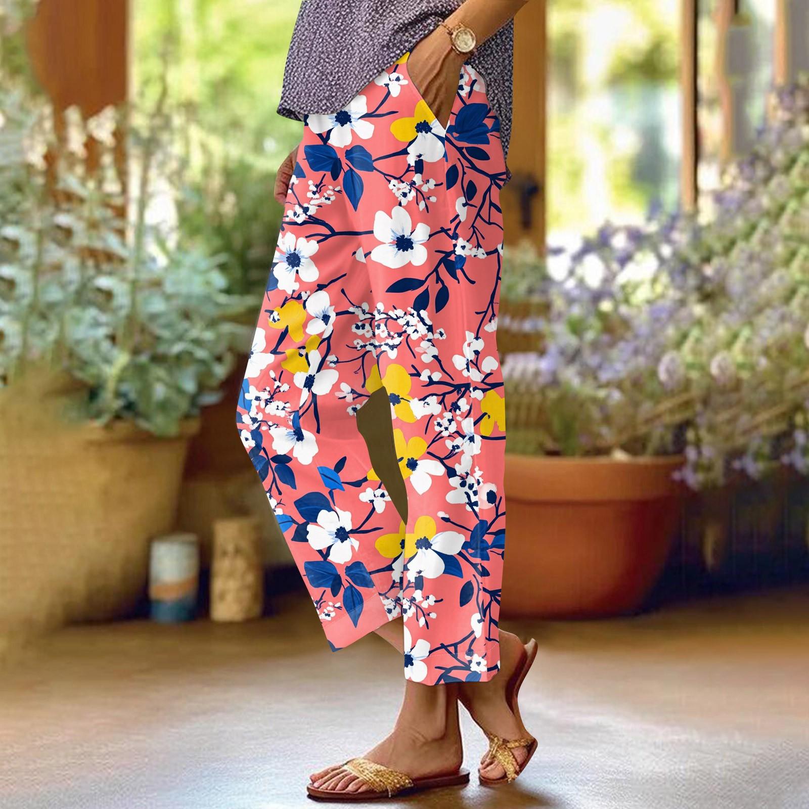 Women s Fashionable Floral Print Straight Leg Pocket Elastic Waist Casual Pants Pants XXL