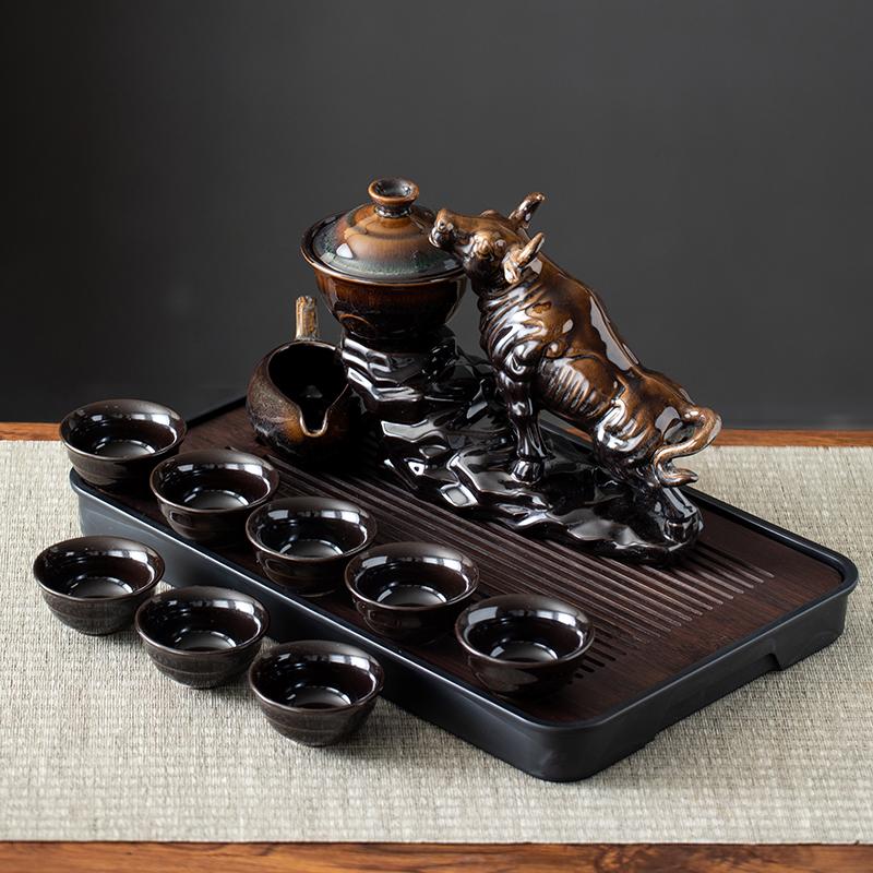 1 set of creative lazy tea set, semi-automatic cow teapot, magnetic rotating water guide, Chinese Kung Fu tea set