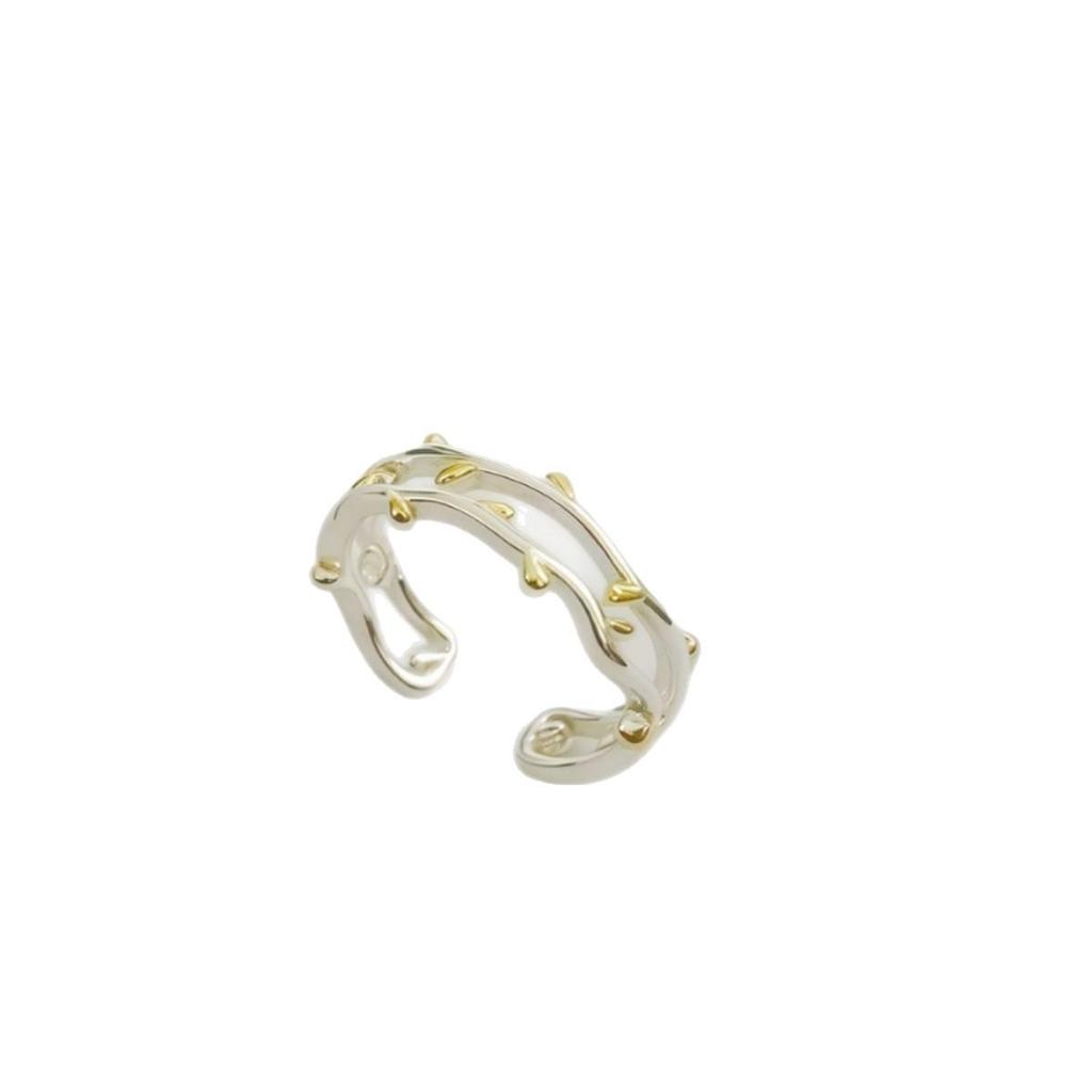 Bague Ouverte Réglable Feuille Dorée Branche pour Femmes - Petit Design Frais à Double Couche