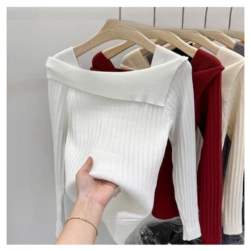 Lapel One-word Shoulder Knitted Bottoming Shirt Women's Inner Sweater Autumn and Winter New Design Short Top Women's