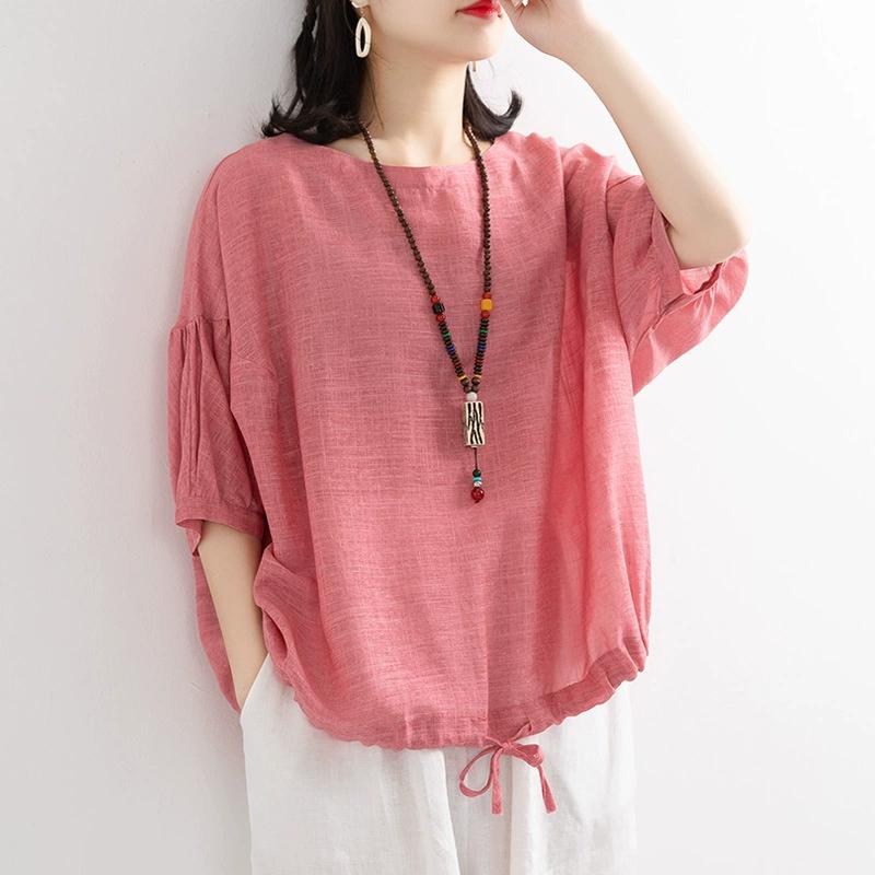 Women Summer T-shirt O-Neck 3/4 Batwing Sleeve Pullover Tops Casual Solid Color Loose Fit Summer Women's Blouse Streetwear