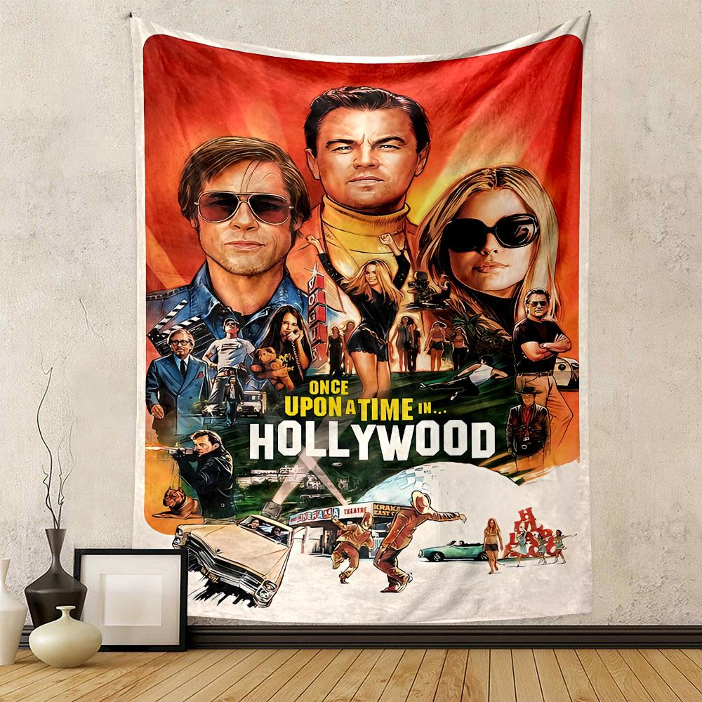 Collage of vibrant Hollywood scenes featuring prominent characters. Patterned tapestry for bedroom and living room home decor
