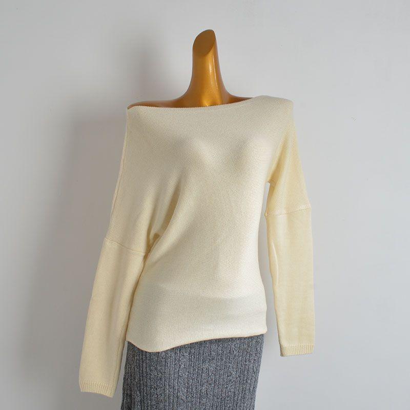 New Arrival Pure Color off-Neck Pullover Soft Glutinous Knitwear Women's Clothing Spring & Fall Loose Slim Looking Oblique Shoulder Long Sleeves Tops