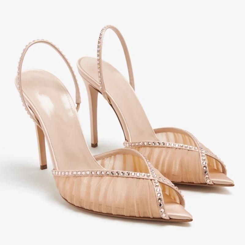 Scarpe da Donna di Tendenza Sandali Donna Tacchi Alti Estivi Scarpe Nude Rosa Rete Slingback Tacco Alto Festa Passerella Sandali