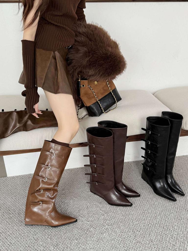 Wasteland Wind Autumn and Winter New Boots Women's But Knee Pointed Belt Buckle Slope Heel Western Cowboy Boots High Trousers Boots
