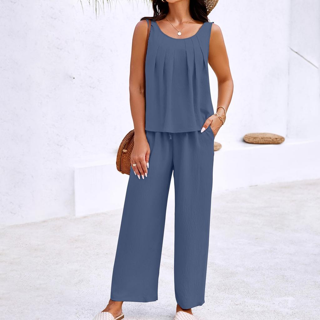 Womens Two Piece Sets Holiday Outfits Linen Matching Sets Clothing Dressy Jumpsuits With Pants