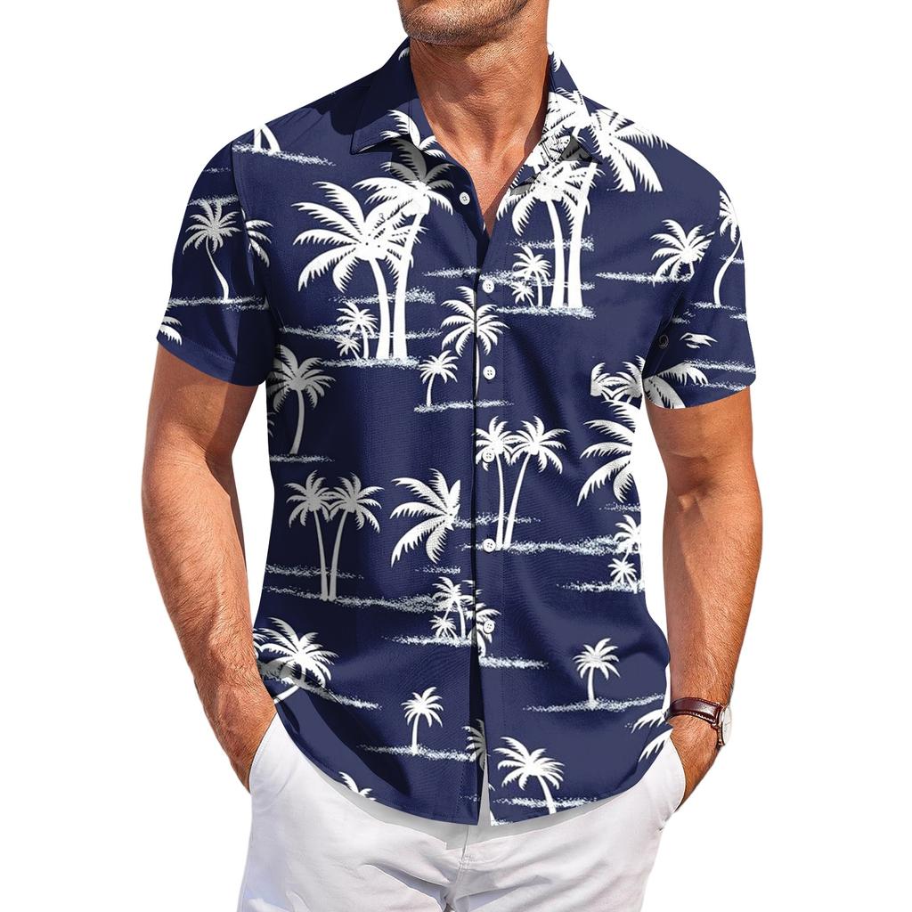Men's Casual Loose Fit Short Sleeve Hawaiian Shirt Button Down Beach Shirt with Tropical Print Summer Top