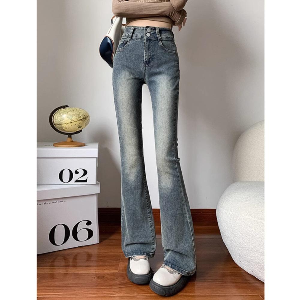 Harajuku Simple High-waisted Micro-pull Jeans Women's Spring and Autumn New Double-buckle Micro-horn Jeans