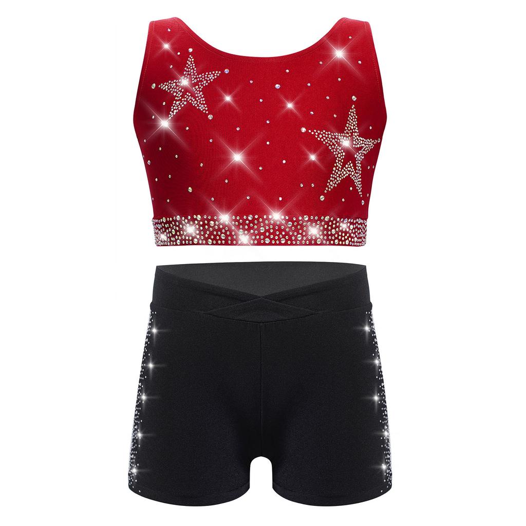 Dívčí gymnasticko-taneční set: Crop top tílko s kamínky, křížením na zádech a véčkem vpředu, s šortkami s elastickým pasem