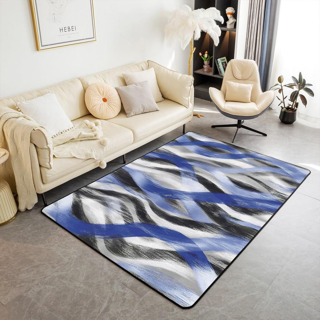 Modern Abstract Curve Print Area Rug, Black Pink & White Design Non-Slip Floor Mat for Living Room Bedroom Home Decor Carpet