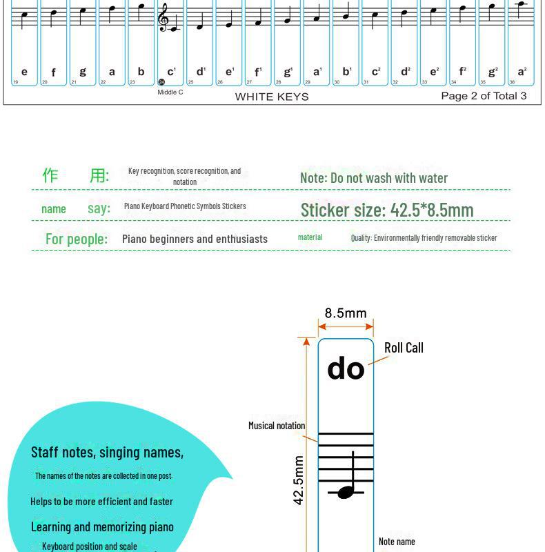 Genomskinliga klistermärken för pianotangenter för självstudier: Passar 88-, 61- & 54-tangenters klaviaturer