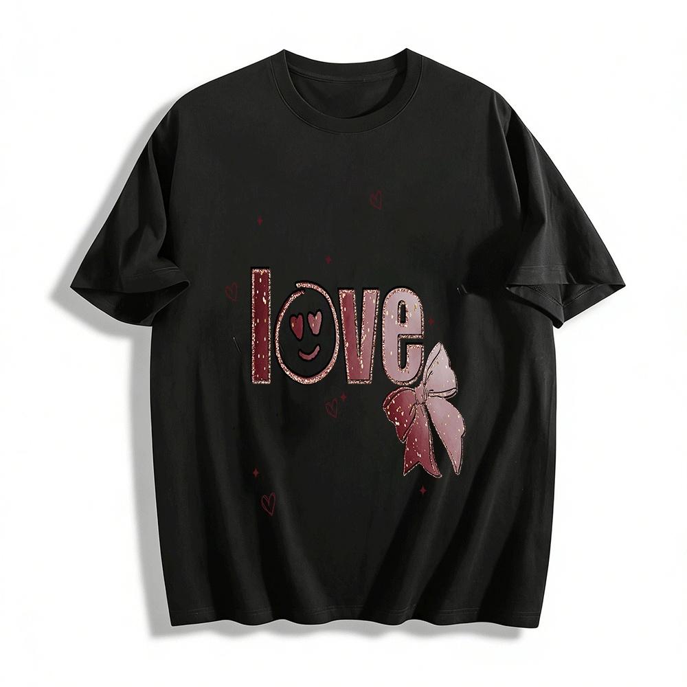 Love Heart Smile Print Bow Decor Casual Versatile Couple Top Pure cotton T-shirt XXS