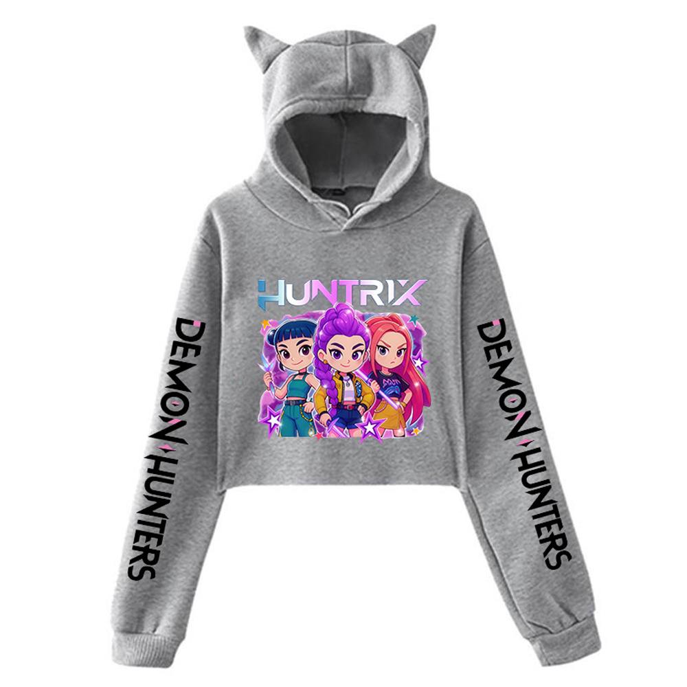 Kpop Demon Hunters Short Cropped Top with Cat Ear Long-sleeved Fashionable Hooded Sweatshirt for Girls.