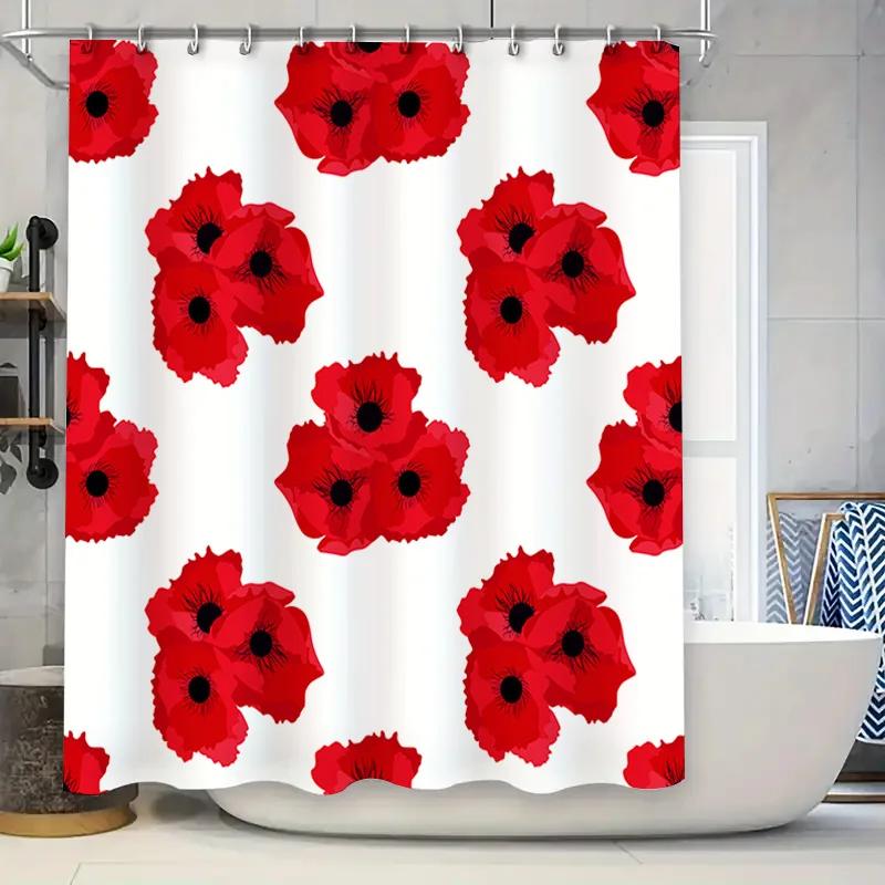 Red Poppy Shower Curtain Waterproof Fabric Decor for Bathroom Walls 3D Printed Design Available in Multiple Sizes