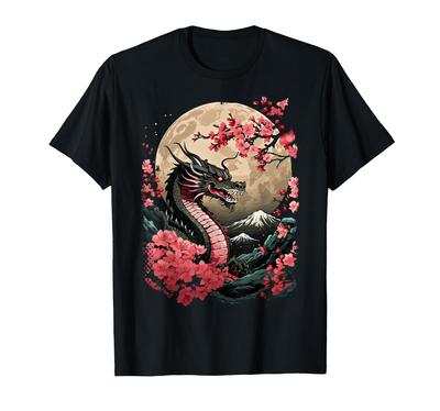 Black Dragon Cherry Blossom Japanese Aesthetic Japanese Dragon T-Shirt