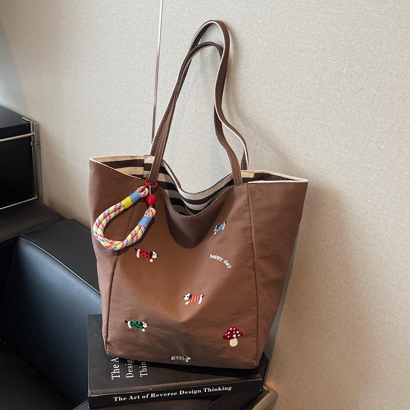 Women's Nylon Cartoon Puppy Embroidery Single Shoulder Tote Bag with Pendant, Striped Double-Sided Design