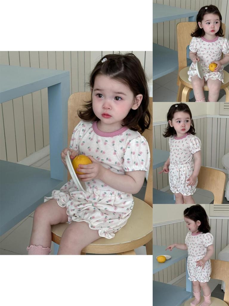 Niedliches Sommer-Pyjama-Set für Mädchen im koreanischen Stil, leichtes Outfit mit floralem Print und Shorts