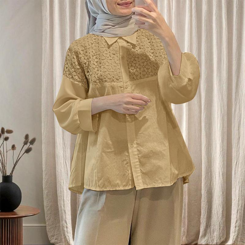 

ZANZEA Женская повседневная блузка с отложным воротником, длинными рукавами, пэчворком и крючком 3XL хаки