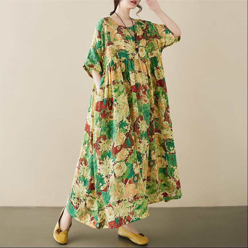 Short Sleeve Plus Size Cotton Vintage Floral New In Dresses for Women Casual Loose Long Summer Dress