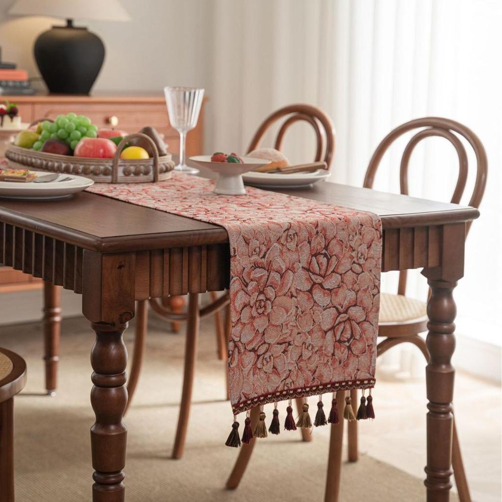Imanqi Yun Retro Colorful Jacquard Diamond Geometric Tassel Table Runner