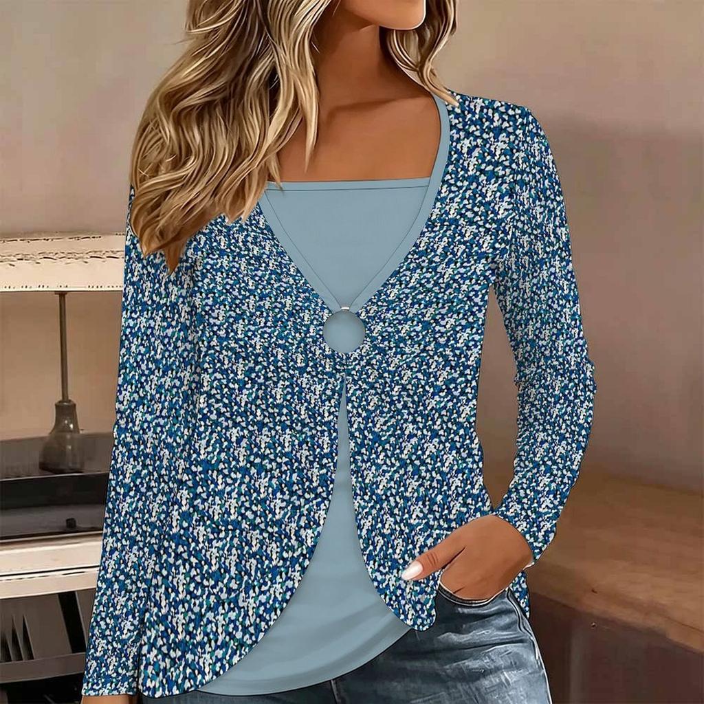 Tops for Women Floral Print Long Sleeve Fake Two‑Piece Top Fall Casual Slim Pullover Women's Long Sleeve Top
