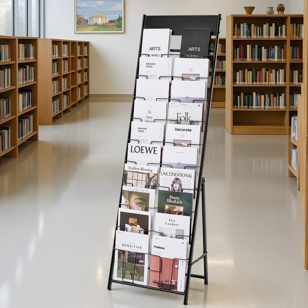 Brochure Display Rack, 20 Pockets Magazine Literature Display Stand, Portable Floor Standing Magazine Rack, Metal Newspaper Catalog Holders for Shop,
