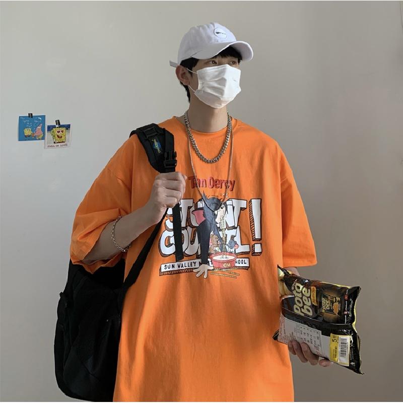 

Мужские футболки с коротким рукавом с буквенным графическим принтом и половиной рукава Футболка-пуловер Повседневная футболка Мужская корейская повседневная футболка с круглым вырезом в стиле ретро L оранжевый