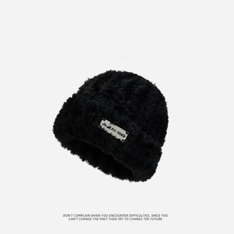 Autumn and winter women's wool hat versatile knitted hat bag head showing small face warm embroidery plush cold hat big head circumference