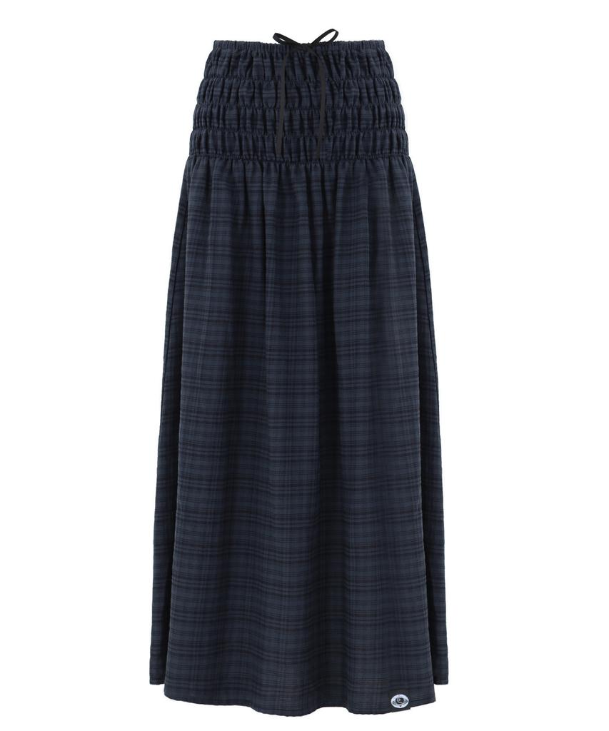 Plasma Sphere Smoke Shirred Check Ribbon Low-Rise Maxi Skirt_Navy