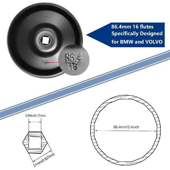 86.4Mm 16 Flutes Oil Filter Wrench For BMW And Volvo With 86Mm Filter Housing Caps, Removal Tool To Change Oil, Steel Socket Wrench Kit