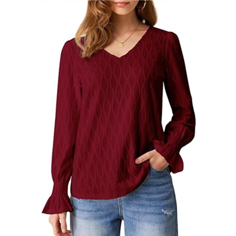 Women's Autumn and Winter New Fashion Solid Colour V-Neck Long Sleeve Range T-Shirt Top