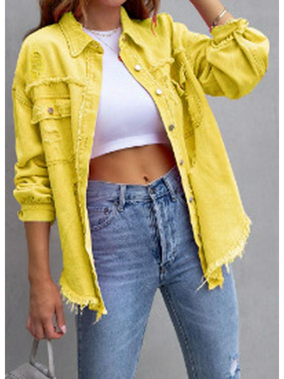 Women's 2025 European & American Solid Color Ripped Denim Jacket - Loose Fit, Long Sleeve