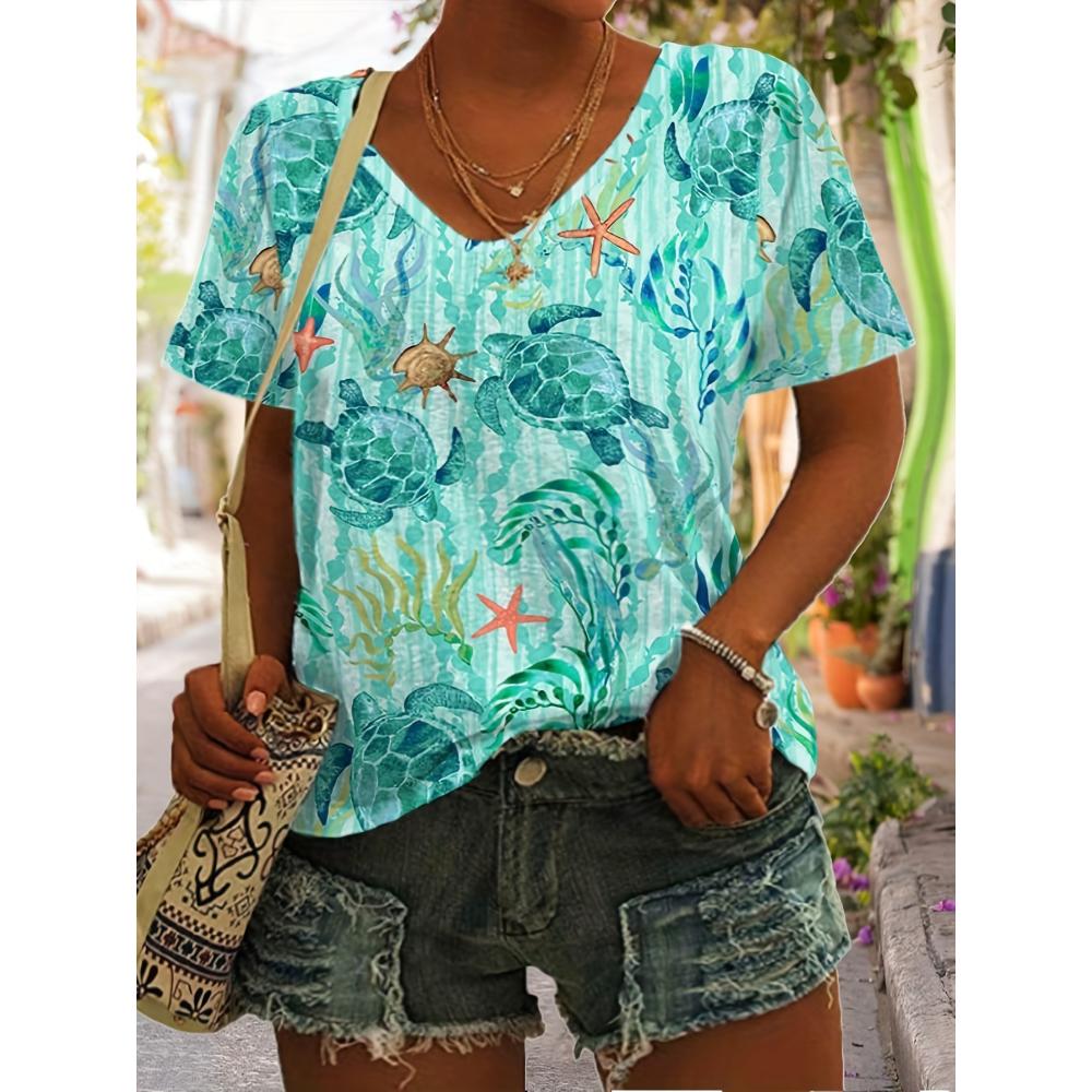 Women's Ocean Creatures 3D Print V-Neck T-Shirt Summer Fashion Loose Print Tee ToSpring Summer Streetwear Daily Women's Clothing