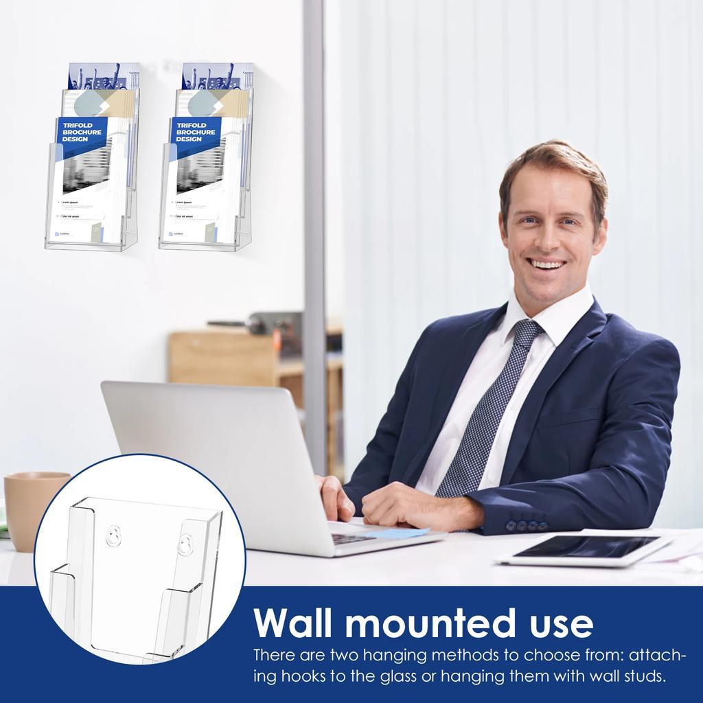 2Pcs Brochure Holder 3 Tiers Clear Acrylic Brochure Display Stand Multifunctional Literature Rack for Wall Mount or Countertop