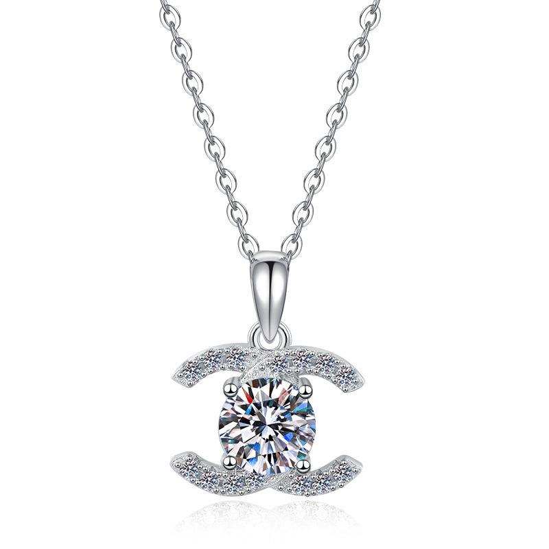 Women s Double C White Gold & Copper Plated Moissanite Necklace, High-End Fragrance Style, Clavicle Chain, 1/2 Carat. Gold