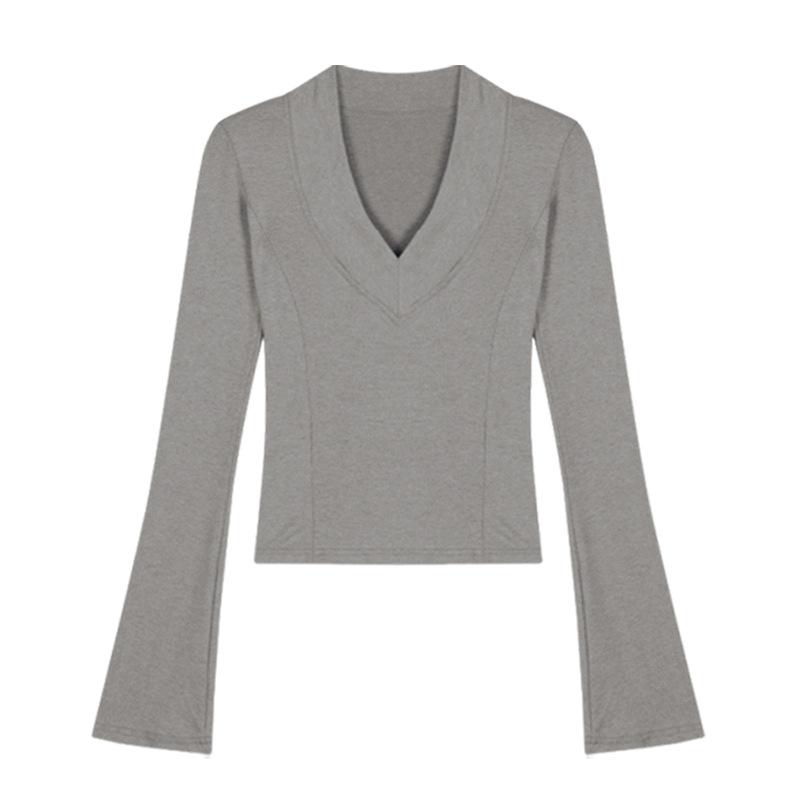 Women V Neck Long Sleeve Slim Fit Top Elastic Solid Color Basic Undershirt Elegant Commuter Tee for Autumn Winter