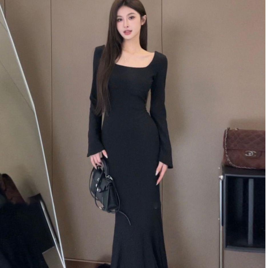 Atmospheric Korean-Style 2025 Black Fishtail Dress for Women
