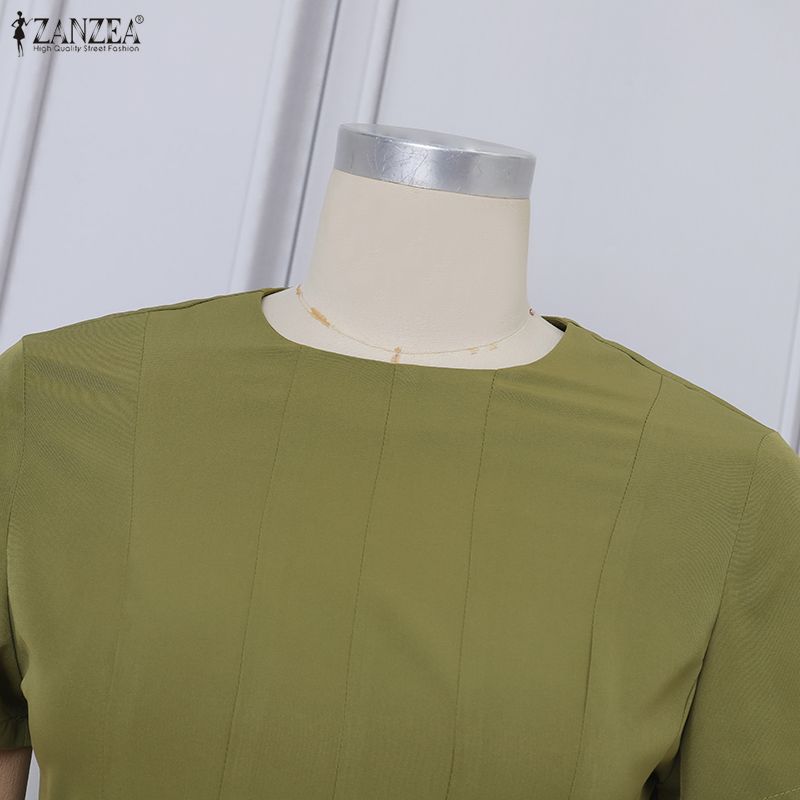 ZANZEA Kadın Yazlık Günlük Yuvarlak Yaka Kısa Kollu Elbise