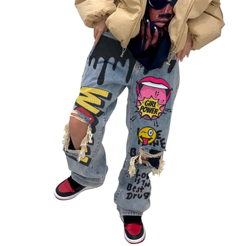 2605 Streetwear Ripped Jeans Women Multi-pocket Loose Fit Denim Trousers