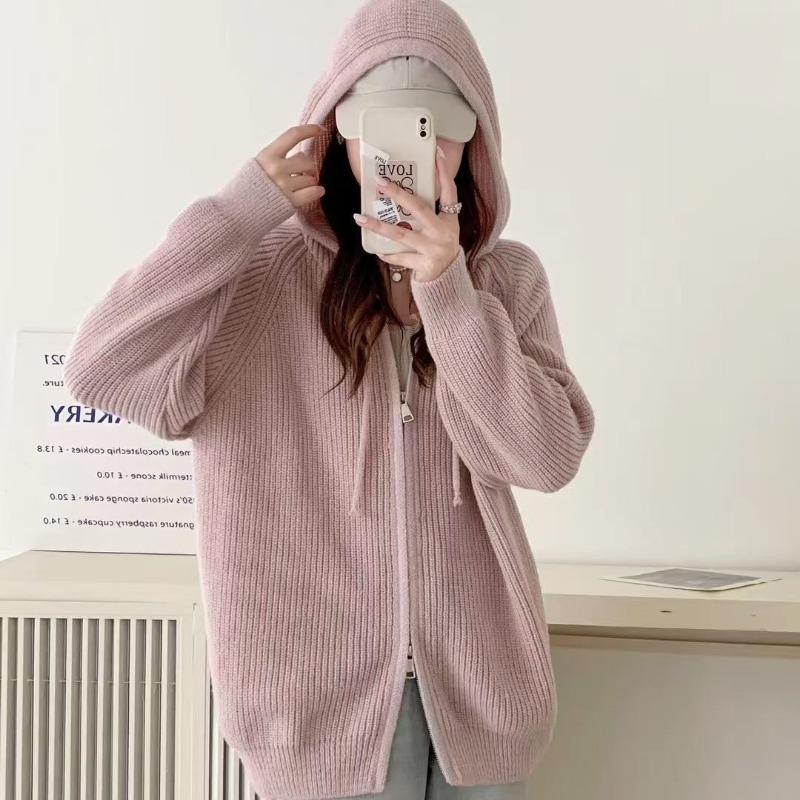 

Autumn and winter hooded knitted sweater women s versatile design zipper drawstring lazy soft waxy cardigan top розовый