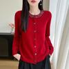 Women's Handmade Rhinestone Crew Neck Wool Cardigan - 2026 Autumn/Winter Collection