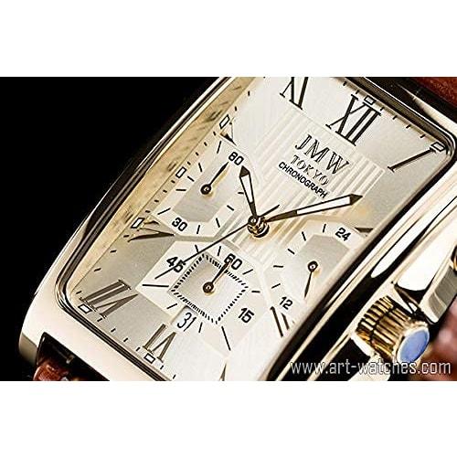 JMW TOKYO Men's Square Watch, Gold & Brown, Square Rectangular, Men's Chronograph, Limited Edition, Seiko Quartz Movement, Leather Band, Genuine Leath