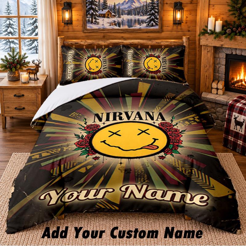 Nirvana Pattern Bedding 3Pcs Set Custom Name, Bed Sheet And Pillowcases For Home Bedroom