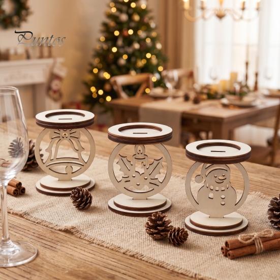 Hollow Carved Wood Decor 3Pcs Christmas Wooden Candle Holder, Detachable Tealight Stand with Indoor Holiday Party Supplies Snowman/Bell/Candle