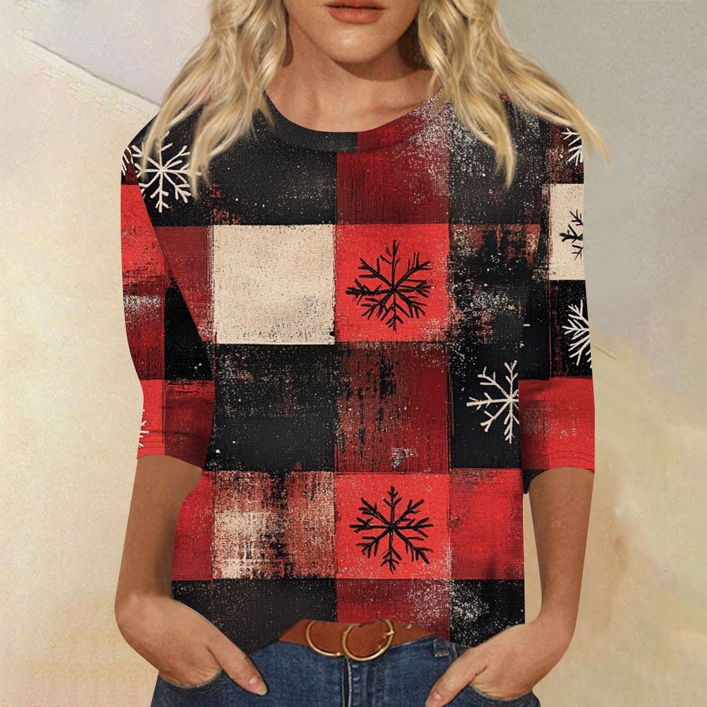Damenmode, lässiges Oberteil mit sieben Ärmeln und Weihnachtsdruck, Rundhalsausschnitt