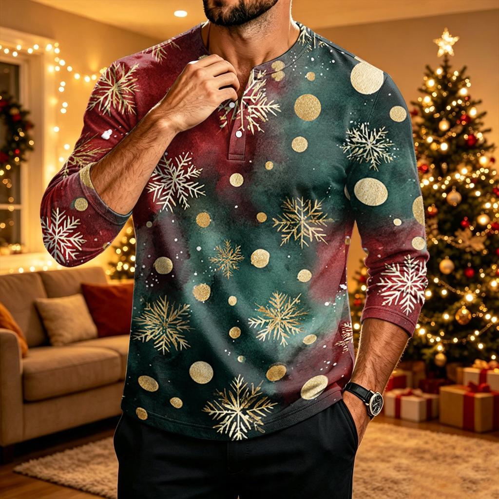 Men's Long Sleeve Shirt with Christmas Print for Holiday Casual Wear