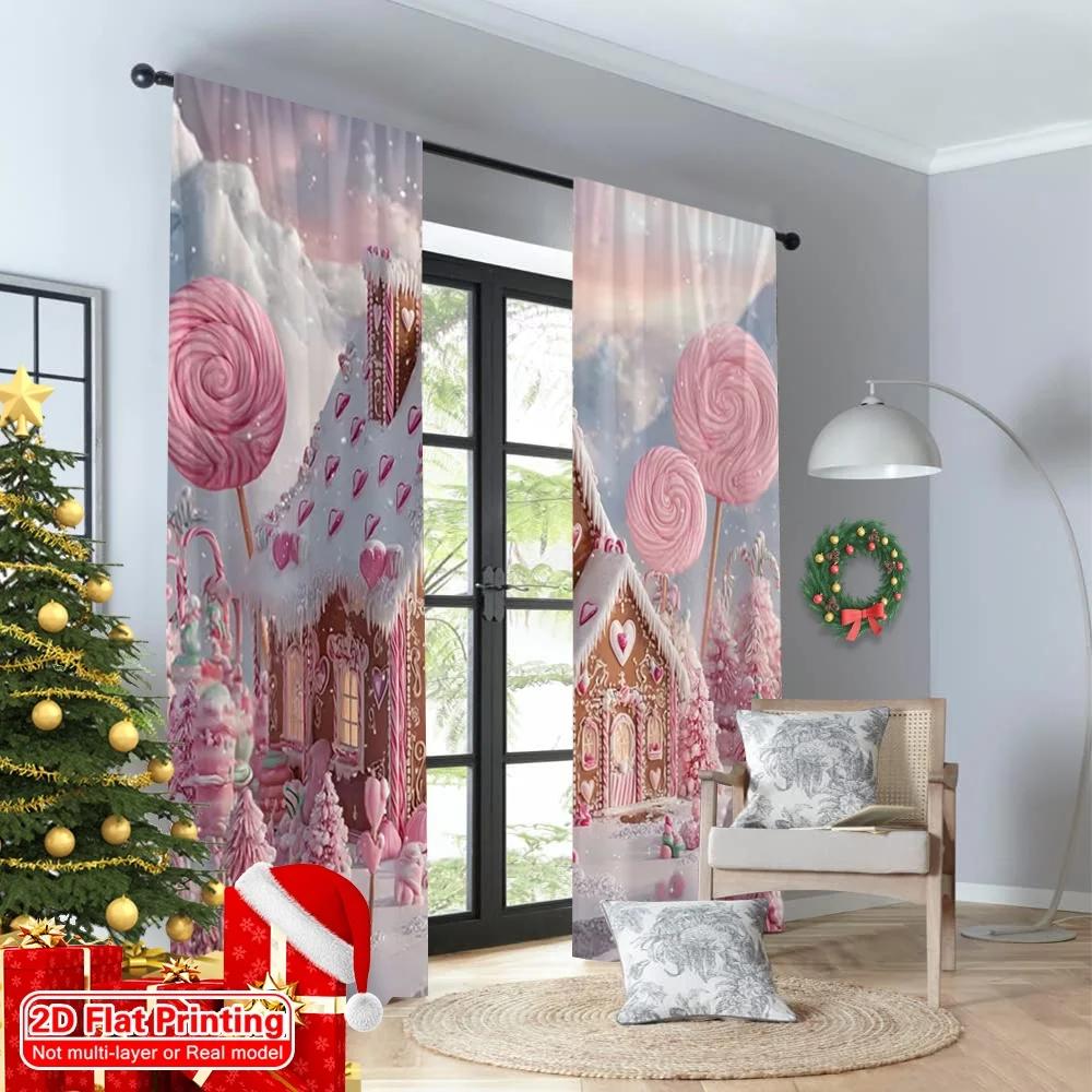 2Pcs 2D Flat Printing Fashionable Christmas Curtains Gingerbread Candy Cane_ Cute Pink Brown Digital Printed Polyester Drapes