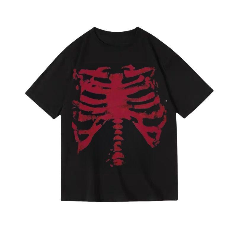 

25 Summer High Street Print Black Red Skull Dark Print Y2K 100% Pure Cotton Short-sleeved Cotton T-shirt Men s and Women s Top 4XL